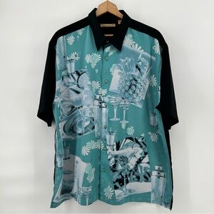 The Havanera Co Men's Button Up Shirt 2XL Teal Martini Cocktail Graphic S/S
